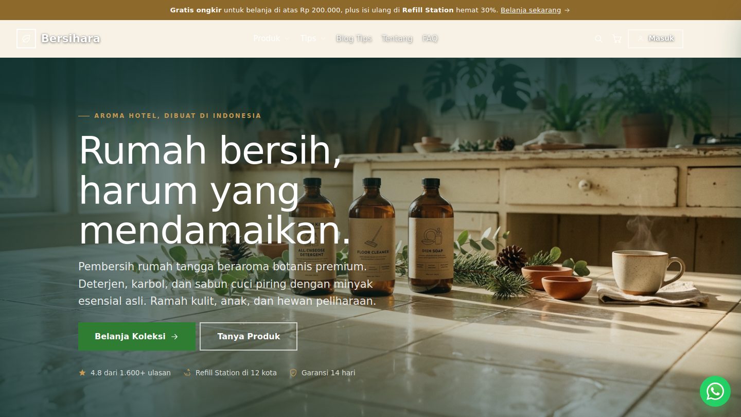 Bersihara, Pembersih rumah tangga beraroma botani, dari deterjen, karbol, dan sabun cuci piring sampai pewangi pakaian. Katalog 10 produk dengan blog tips perawatan.
