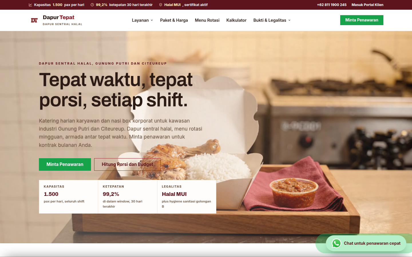 Dapur Tepat, Katering harian karyawan dan nasi box korporat untuk kawasan industri Gunung Putri, dapur sentral halal.