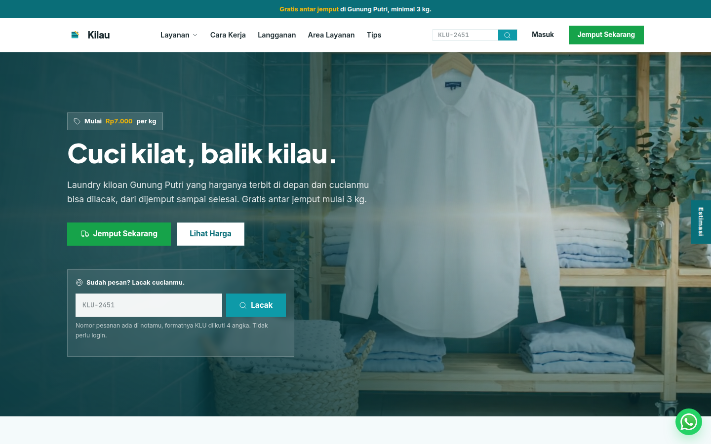 Kilau, Laundry kiloan Gunung Putri, cuci kering lipat mulai Rp7.000 per kg, gratis antar jemput, lacak tiap cucian.