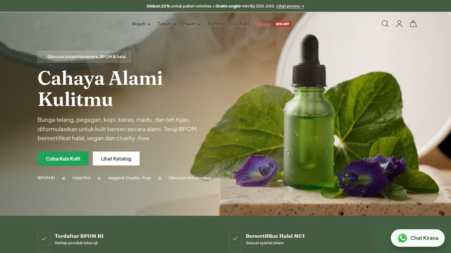 Kirana, Skincare botani Nusantara dengan bunga telang, pegagan, kopi, beras, madu, dan teh hijau. Katalog 12 produk wajah dan tubuh, plus paket rutinitas pagi dan malam.
