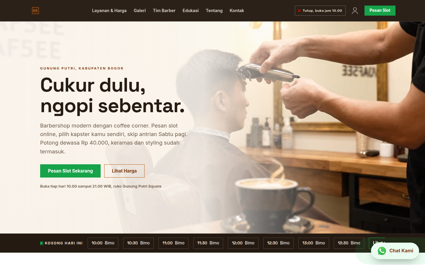 Klip Kopi, Barbershop modern di Gunung Putri dengan coffee corner, pesan slot online, pilih kapster, cukur rapi.