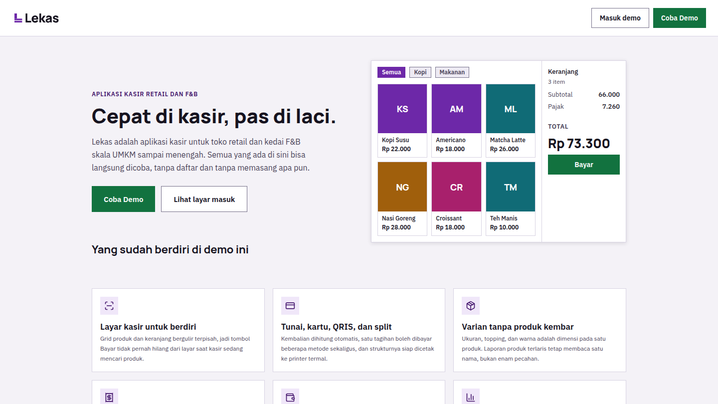 Lekas, Aplikasi kasir untuk toko retail dan kedai F&B. Pembayaran tunai, kartu, QRIS, dan split, dengan riwayat struk, shift kas, dan laporan penjualan.