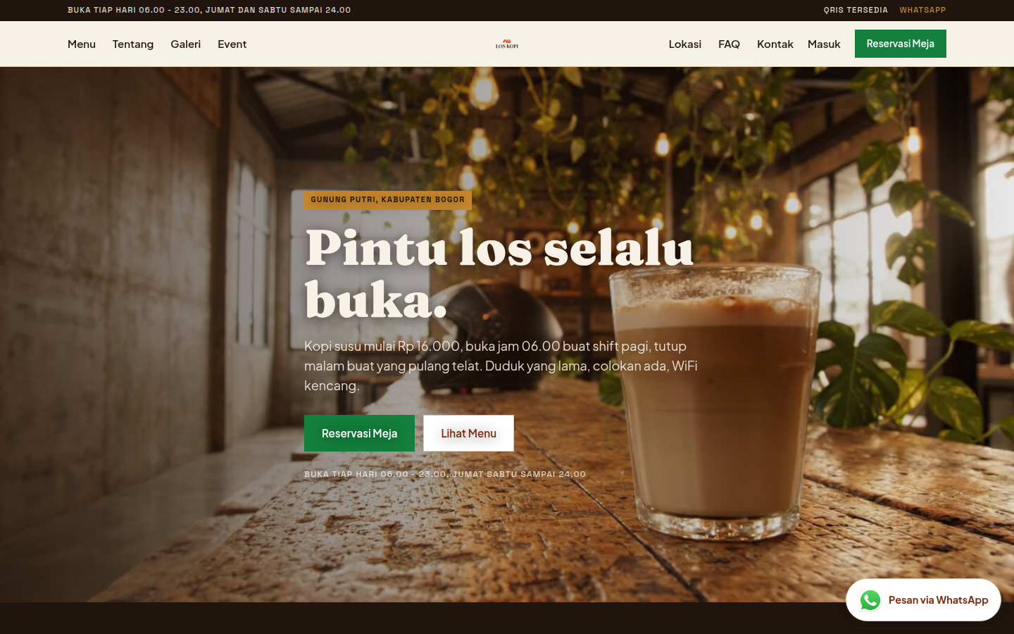 Los Kopi, Kedai kopi los industrial hangat di Gunung Putri, kopi susu mulai Rp16.000, live music Jumat Sabtu.