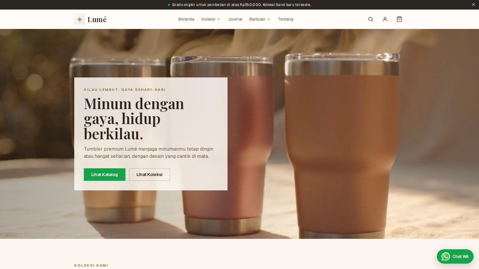 Lumé Tumbler, Botol tumbler insulated estetik metallic-soft untuk gaya hidup perempuan muda urban, 9 colorway gold dan cream, menjaga suhu sampai 12 jam, dashboard dan customer portal.