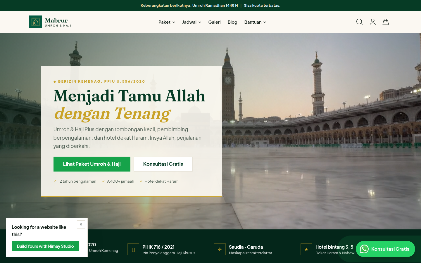 Mabrur Umroh & Haji, Travel Umroh dan Haji Plus berizin Kemenag dengan rombongan kecil, pembimbing tersertifikasi, dan hotel dekat Haram. Katalog 9 paket, jadwal keberangkatan per bulan, dan portal jamaah.