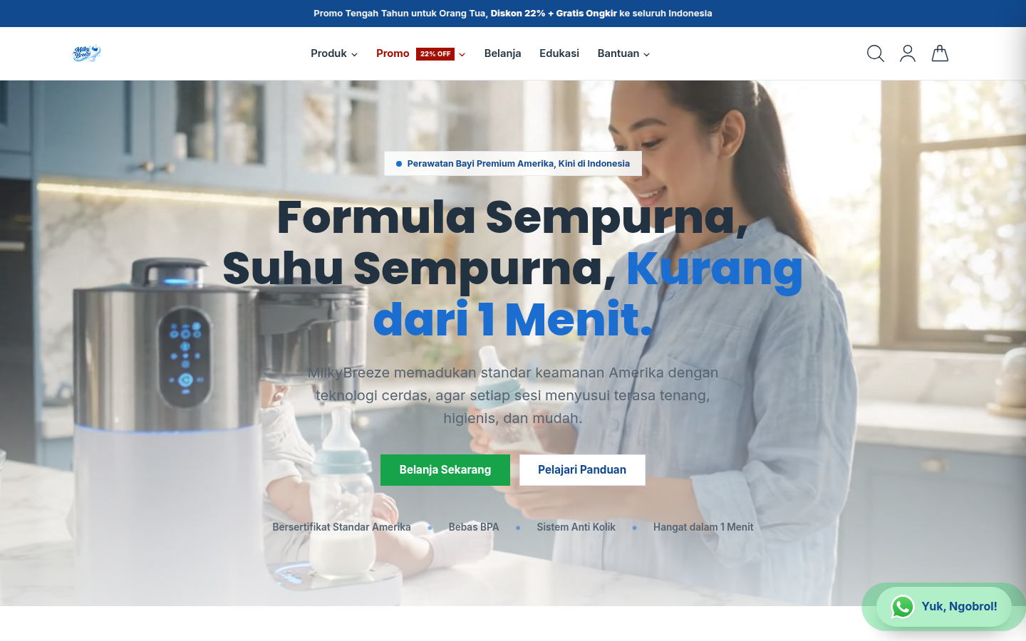 MilkyBreeze, Mesin pembuat susu pintar dan botol susu bersertifikat Amerika untuk keluarga Indonesia.