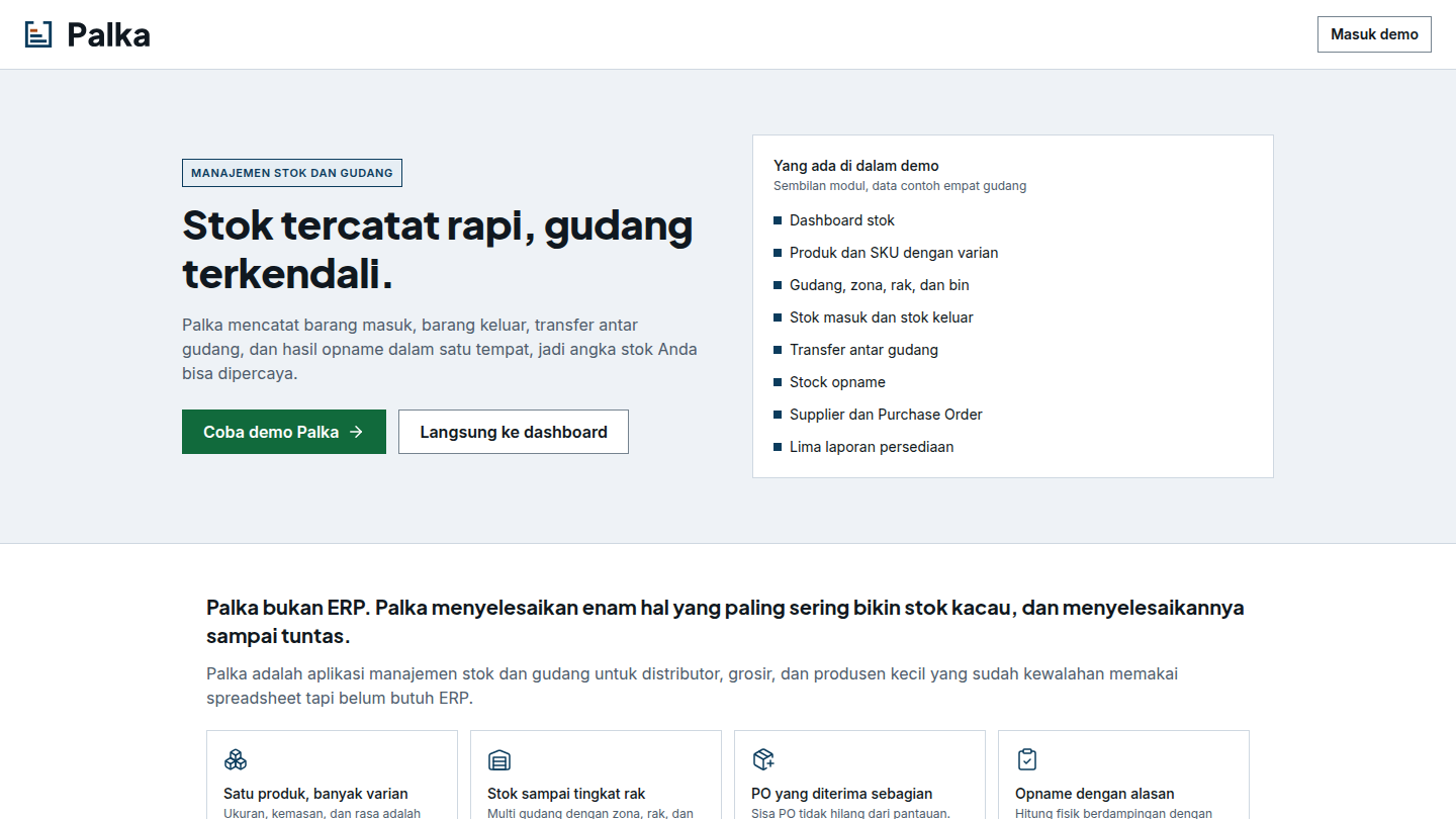 Palka, Aplikasi manajemen stok dan gudang. Mencatat barang masuk, barang keluar, transfer antar gudang, dan stock opname sampai tingkat rak dan bin.