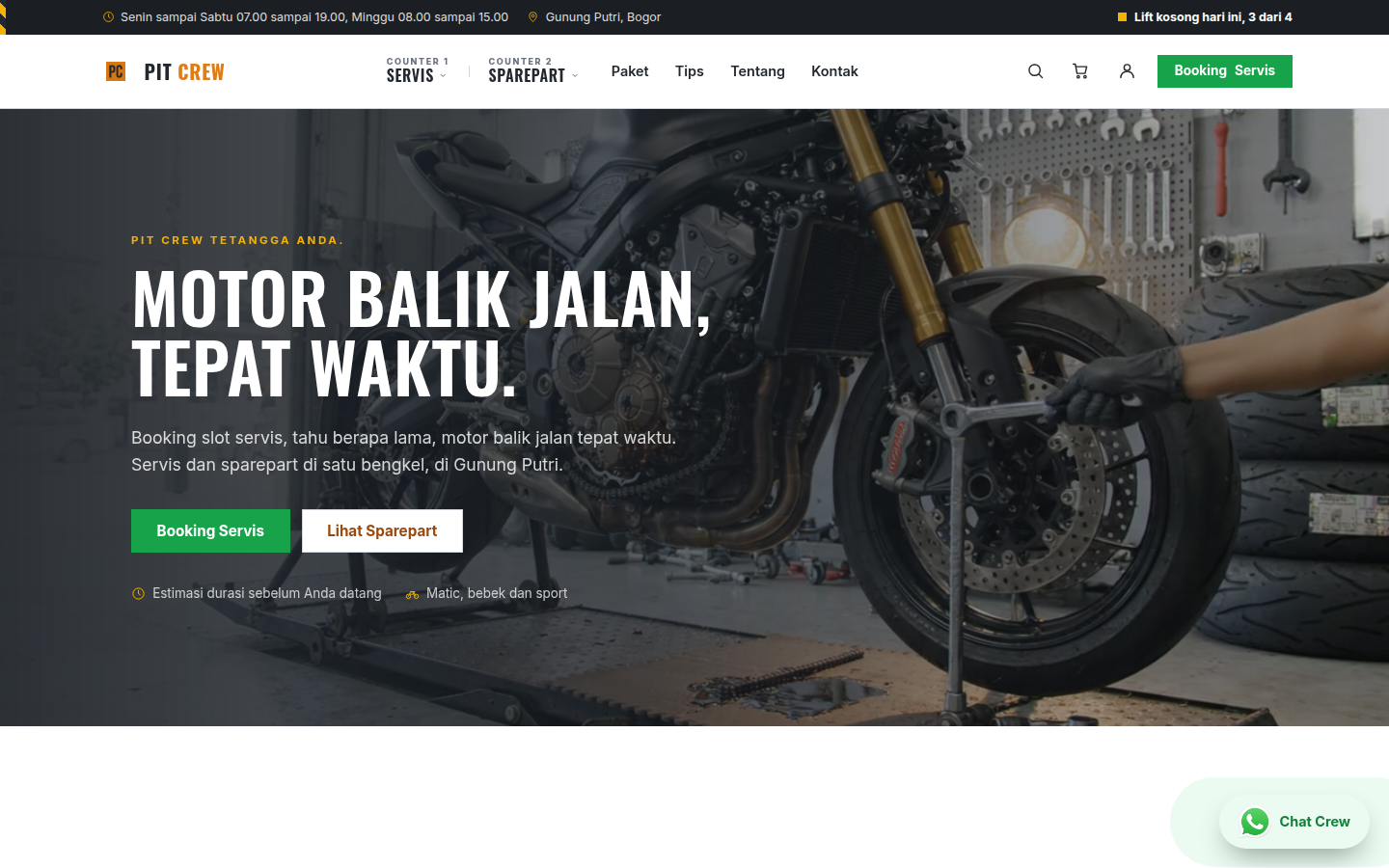 Pit Crew, Bengkel motor dan sparepart di Gunung Putri, Bogor, booking slot servis online, estimasi durasi jelas.