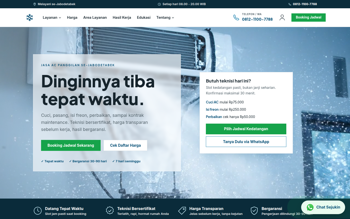 Sejukin, Jasa cuci AC, isi freon, perbaikan, dan maintenance se-Jabodetabek, teknisi bersertifikat, harga transparan.