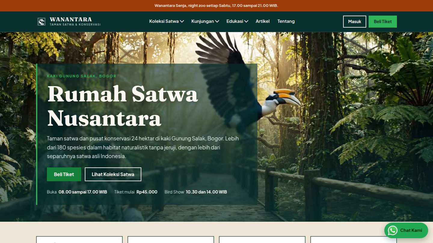 Wanantara, Taman satwa dan pusat konservasi dengan koleksi 12 satwa unggulan yang dikelompokkan per zona habitat, pembelian tiket dengan pilihan tanggal, dan program edukasi sekolah.